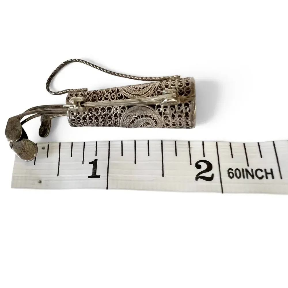 Vintage Filigree Brooch Golf Clubs Bag Handcrafted Pin Ornate Silver Tone Estate